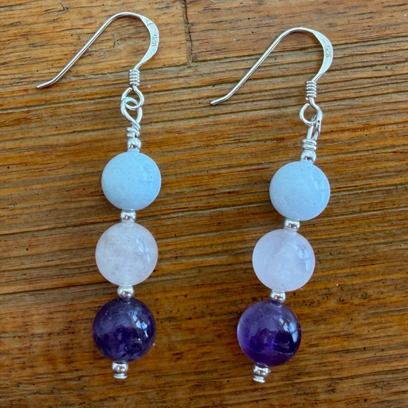 Hand Crafted Jewelry - Amethyst, Rose Quartz & Aquamarine Handmade Earrings 925 Sterling Silver Hooks